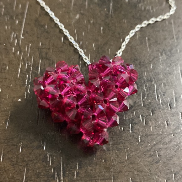 Red Glass Beaded Heart Sterling Silver Necklace - Picture 1 of 7